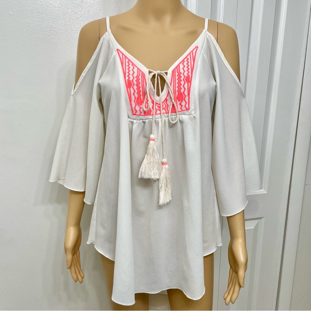 Mittoshop Cold-shoulder Embroidery Top Blouse White Neon Flare Tunic size S